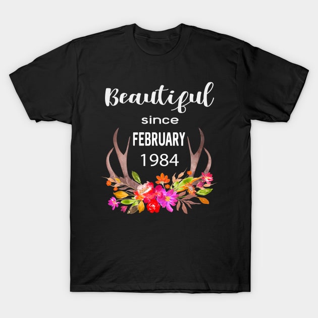 Deer Antler Elk Hunting Flower Horn Beautiful Since February 1984 T-Shirt by familycuteycom